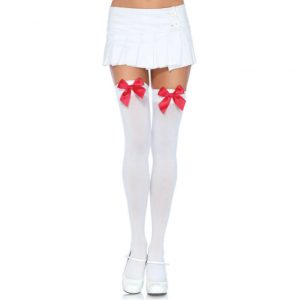 Leg Avenue - Nylon Oberschenkeitenhohe Mit Schleife Weiss/rot