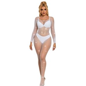 Subblime - 952396 Netz-bodystocking Mit Diamanten Langarm Weiss Eine Grösse