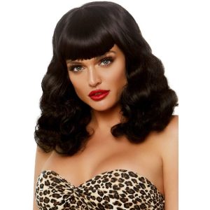 Leg Avenue – Lockige Retro-perücke Mit Pony Leuchtend Schwarz