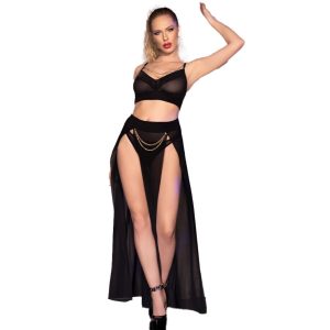 Chilirose - Cr 4672 Schwarzer Top-rock Und Tanga Mit Goldenen Ketten S