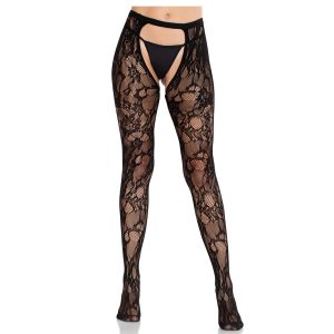 Leg Avenue - Rosen-spitzenstrümpfe Mit Offener Rückseite Schwarz