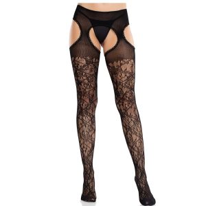 Leg Avenue - Blumenspitzenstrümpfe Mit Strumpfbändern United Black