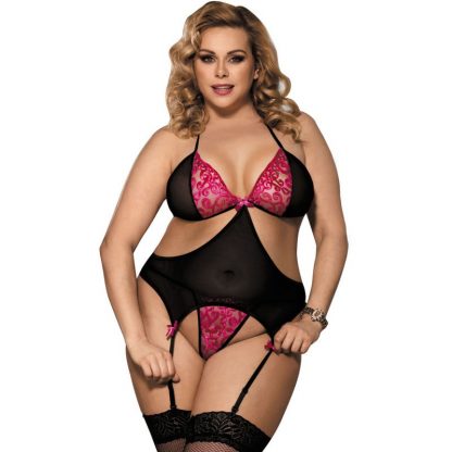 Subblime Queen Plus Corset Con Liguero Negro Y Rosa