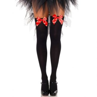 Leg Avenue Medias Altas Negras Con Lacito Rojo Talla Unica